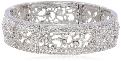 1928 Jewelry “Vintage Lace” Silver-Tone Crystal Square Filigree Stretch Bracelet, 2.6″ image