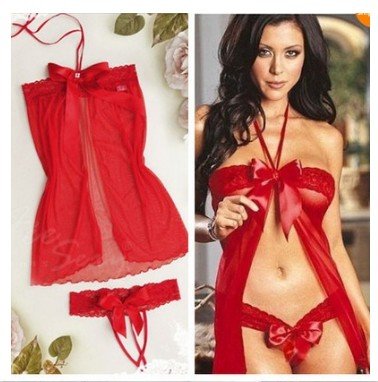 Red Hot Sexy Sleepwear Lingerie Valentine Costume Nightwear Set Dress G-string image